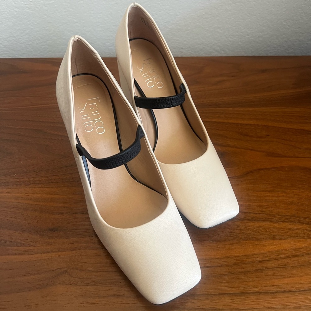 Franco Sarto Women's Cream Leather Heels. Mary Jane Square Toe, Pumps